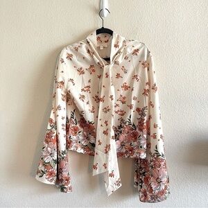 Pink Ripple Floral Bell Sleeve Neck Tie Oversized Blouse Women's Size Small